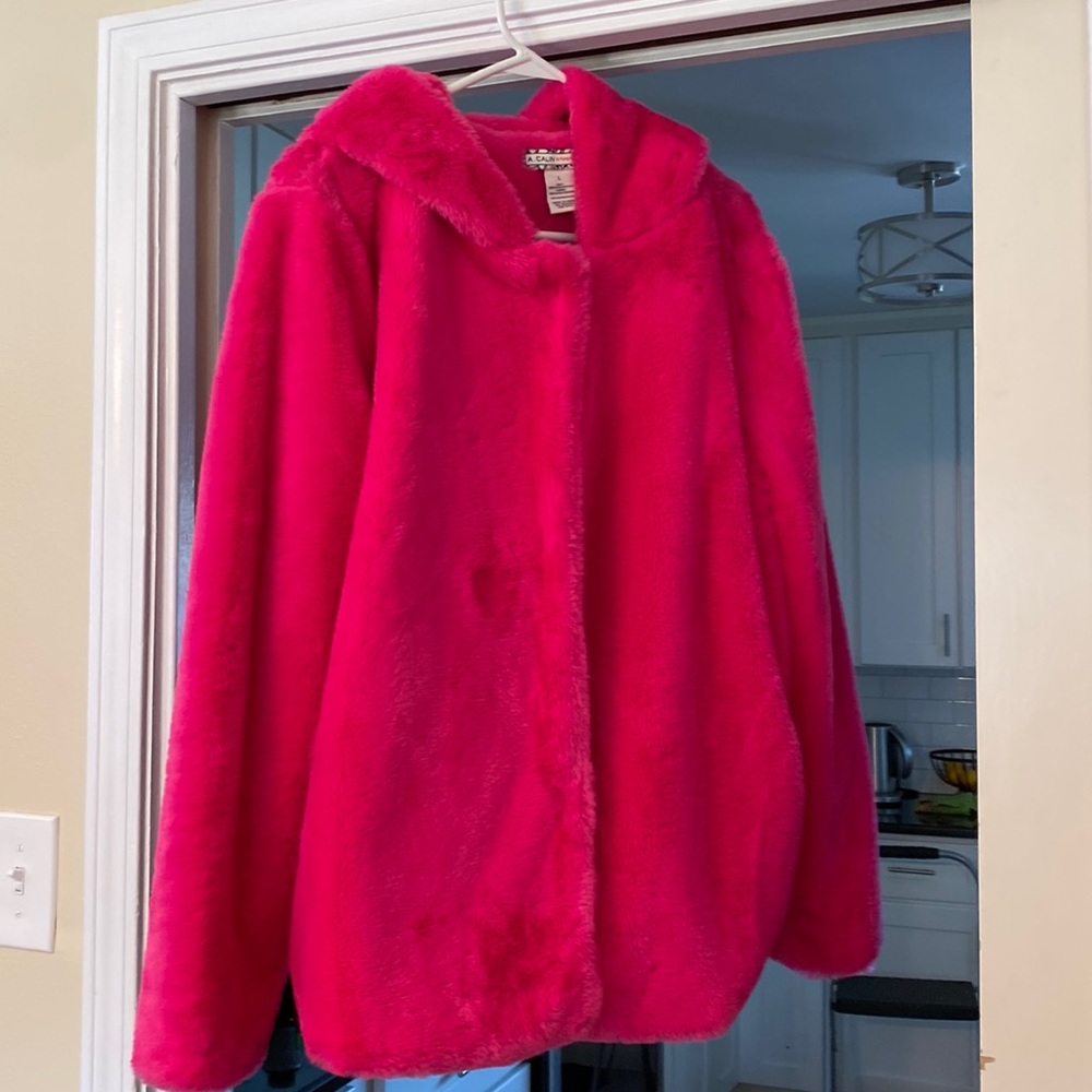 Pink fun faux fur hooded jacket Sz L